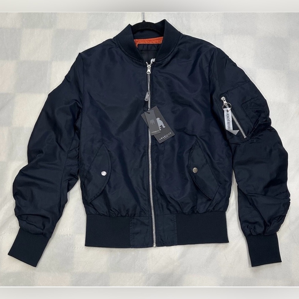 NWT American Stitch Bomber Jacket Size Small Navy Blue Satin Nylon